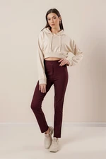 By Saygı Lycra Trousers with Fake Pockets on the Front Wide Size Range Claret Red