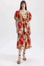 DEFACTO V-Neck Floral Poplin Raglan Sleeve Midi Short Sleeve Dress