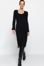 Trendyol Black Midi Knitwear Basic Dress with Detailed Sleeves