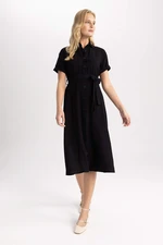 DEFACTO Shirt Collar Linen Look Midi Short Sleeve Dress