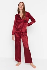 Trendyol Burgundy New Year Themed Embroidered Satin Woven Pajama Set