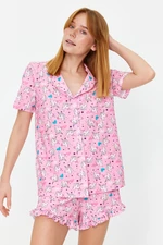 Trendyol Pink 100% Cotton Fun Patterned Shirt-Shorts Knitted Pajamas Set