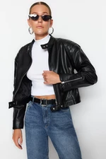 Trendyol Black Crop Faux Leather Biker Jacket Coat