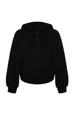 Trendyol Black Hoodie with Zipper, Relaxed-Cut Crop, Fleece Inside, Knitted Sweatshirt