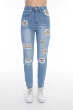 BİKELİFE Blue High Waist Mom Jeans With Laser Daisy Embroidery