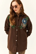 Olalook Women's Floral Dark Brown Stamp Detail Oversize Stamp Shirt