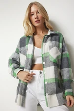 Happiness İstanbul Women's Gray Green Patterned Oversize Cashmere Lumberjack Shirt