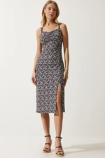 Happiness İstanbul Women's Blue Green Double Strap Patterned Knitted Dress