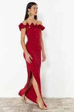 Trendyol Red Fitted Knitted Long Evening Dress