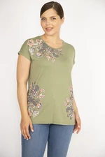 Şans Women's Khaki Plus Size Crew Neck Front Printed Short Sleeve Blouse