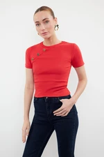 Trendyol Red Button Detailed Ribbed Fitted/Closing Stretchy Knitted Blouse