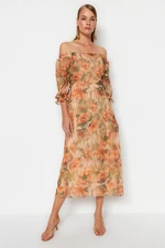 Trendyol Orange Floral Carmen gallér A-vonal/Bell Form Siffon Maxi bélelt szőtt ruha