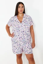 Trendyol Curve Light Pink Floral Patterned Shirt Collar Knitted Pajama Set