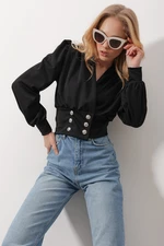 Trend Alaçatı Stili Women's Black Double Breasted Collar Princess Cuff Button Detailed Crop Blouse