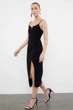 Trendyol Black Strap Slit Gathered Cutout V-Neck Detailed Flexible Knitted Midi Pencil Dress