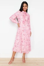 Trendyol Pink Lined Floral Patterned Belted Woven Dress