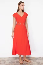 Trendyol Red Belted Midi Crepe Woven Dress with Skirt Opening at the Waist