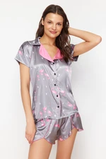 Trendyol Gray Multicolored Heart and Flamingo Patterned Satin Woven Pajama Set