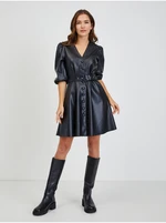 Black women's faux leather dress with belt ORSAY