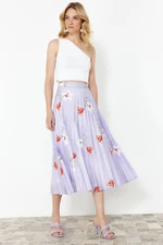 Trendyol Lilac Flower Patterned Pleated Satin Fabric Maxi Length Woven Skirt