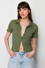 Trendyol Khaki Textured Fitted/Fitted Short Sleeve Stretch Knitted Blouse