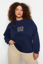 Trendyol Curve Navy Blue Thick Polar Fleece Embroidered Detailed Knitwear Plus Size Sweatshirt