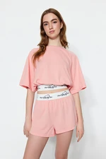 Trendyol Light Pink Cotton Slogan Elastic Detailed T-shirt-Shorts Knitted Pajama Set