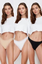Trendyol Black-White-Skin 3 Pack 100% Cotton Ribbed Lace Detailed String Knitted Panties