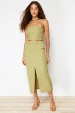 Trendyol Khaki Premium Straight Midi Length Knitted Skirt With Front Slit