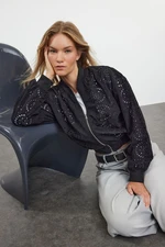 Trendyol Black Oversize Molded Embroidered Thin Bomber Jacket