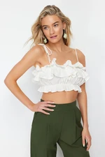 Trendyol Ecru Crop Woven Ruffle 100% Cotton Blouse