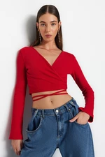 Trendyol červená rebrovaná priliehavá dlhá rukávová dvojradová krátka bavlnená elastická pletená blúzka