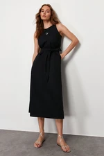 Trendyol Navy Belted 100% Cotton Poplin Pocket Midi Woven Dress