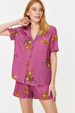 Trendyol Pale Pink Animal Pattern Viscose Shirt-Short Woven Pajamas Set