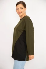 Şans Women's Plus Size Khaki Color Combined Long Sleeve Tunic