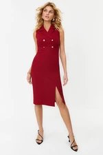 Trendyol Burgundy Fitted Button Detailed Slit Midi Pencil Skirt Woven Dress