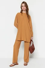 Trendyol Camel Pleated Tunic-Pants Knitted Set