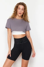 Trendyol Gray White 2 Layer Reflector Print Detailed Crop Sports T-Shirt