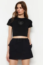 Trendyol Black Heart Stone Printed Basic Crop Crew Neck Cotton Flexible Knitted T-Shirt