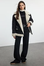 Trendyol Black Oversize Belted Quilted and Plush Detailed Faux Leather Biker Jacket Coat