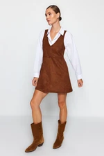 Trendyol Brown V Neck Gilet Zamszowa Mini Sukienka Z Dzianiny