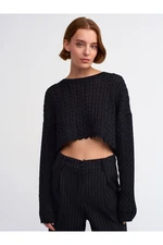 Dilvin 10440 Crew Neck Hair Braided Silvery Crop Knitwear-black