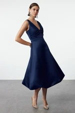 Trendyol Navy Blue A-Line Matte Satin Balloon Skirt Detailed Elegant Evening Dress