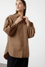 Trendyol Dark Beige Balloon Sleeve Long Back Pocket Detail Basic Woven Shirt