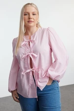 Trendyol Curve Pink Bow Tied Striped Long Sleeve Woven Plus Size Shirt