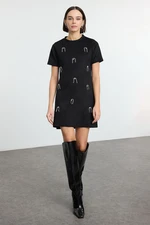 Trendyol Black*001 Plain Pearl/Troc/Stone/Bird's Eye Mini Crew Neck Stone Detailed Suede Knit Dress