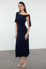 Trendyol Navy Blue Boat Neck Tie Detailed Knitted Dress