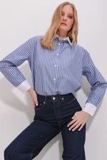 Trend Alaçatı Stili Women's Blue Collar And Cuff Garnish Striped Woven Oversize Shirt