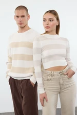 Trendyol Ecru Striped Crop Knitwear Sweter