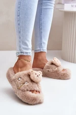 Women's Furry Slippers With Teddy Bear And Decorative Elements Beige Innalise